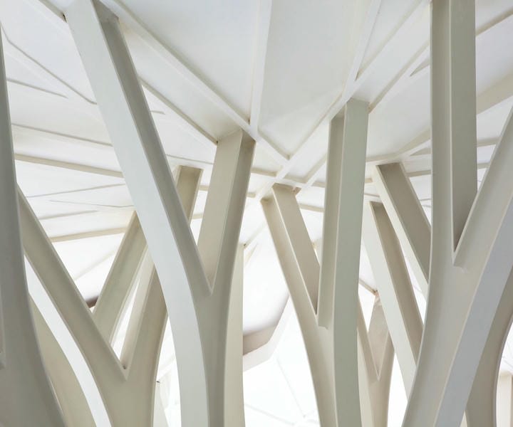 Close-up of modern, white architectural pillars such as beams and coloumns, supporting a sleek, bright ceiling in a contemporary space.