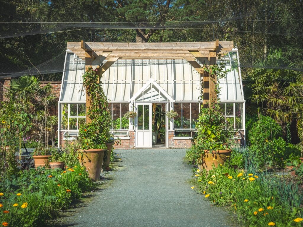 A garden conservatory with a pathway and plants.
