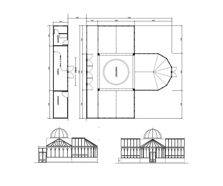 Architectural blueprint featuring a top view layout and front elevations of a building with a central dome and structured spacing.