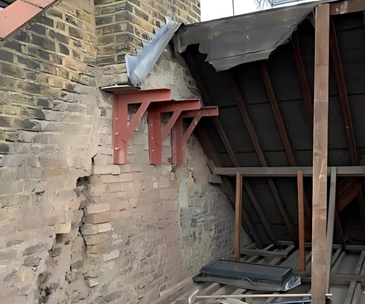 Chimney breast support beams and roof structure during removal process.