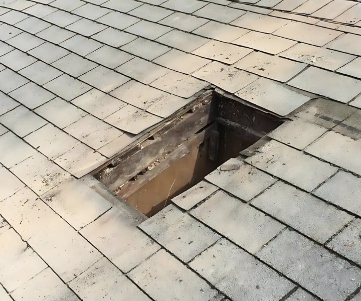 Roof with missing shingles, showing space for chimney stack removal.