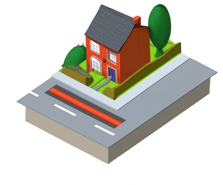 3D illustration of a house with visible underground pipes running beneath a nearby road.