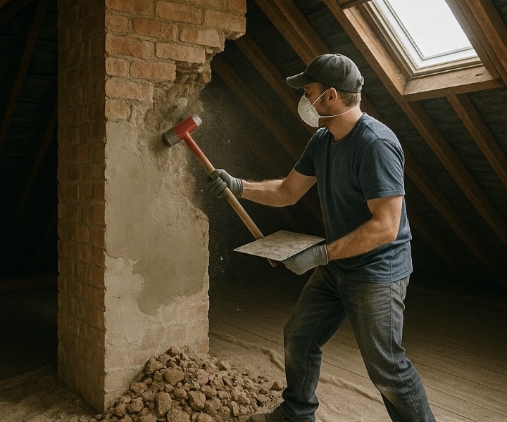 Worker removing chimney breast in attic with a hammer and chisel.