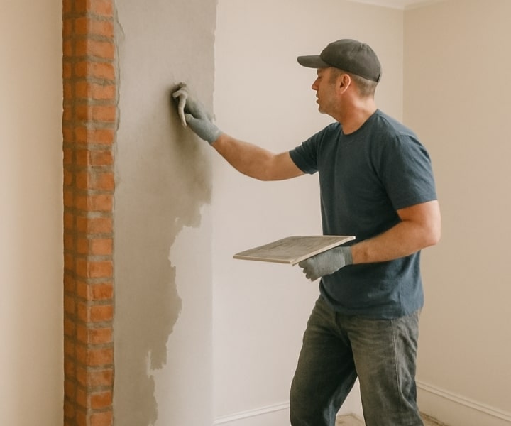 Worker plastering wall after chimney breast removal and structural repair.
