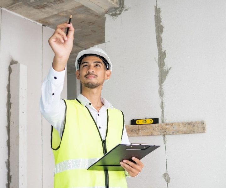 Construction professional inspecting and documenting progress during site inspection.