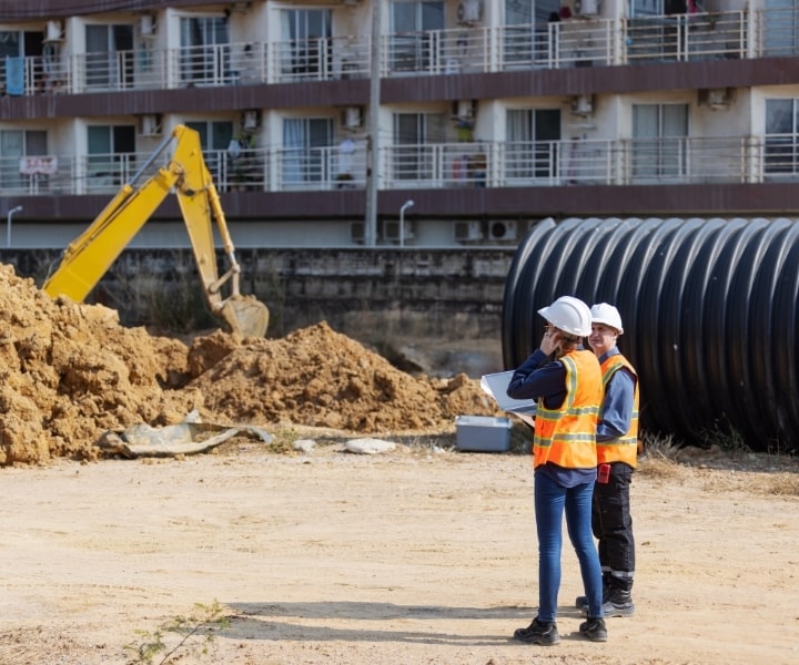 Two construction workers in safety gear assess a site with an excavator, large drainage pipe, and dirt piles near a building.