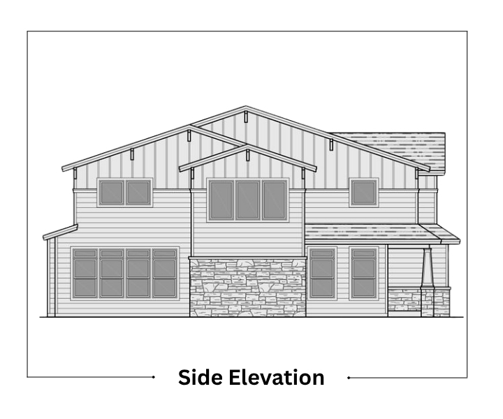 Side elevation drawing of a house with multiple windows and roof.