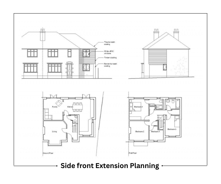 Blueprint for side front extension planning with floor and elevation views.