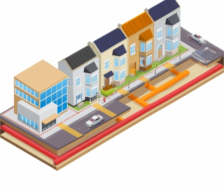 Isometric illustration of a residential street showing buildings, roads, and underground utility pipes.