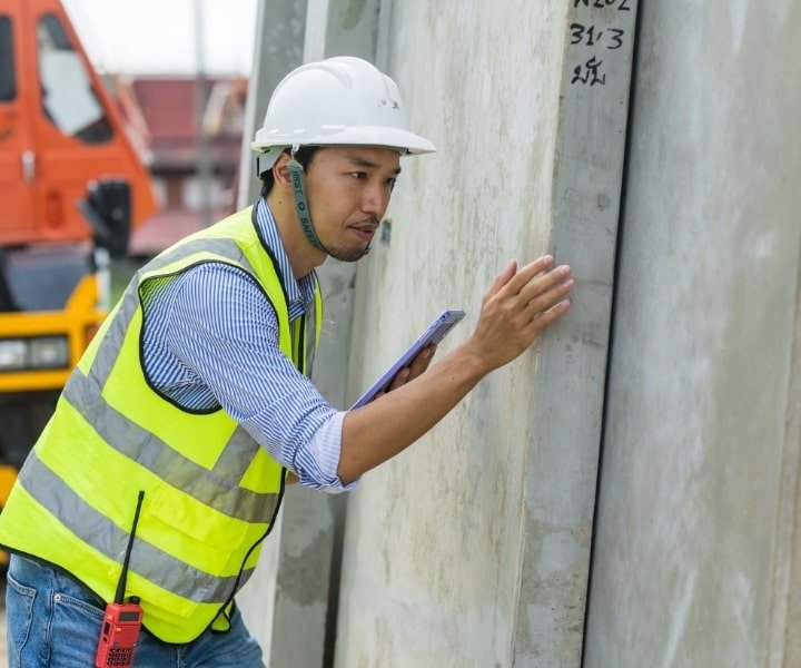 Engineer inspecting concrete wall for defects using a tablet on-site.