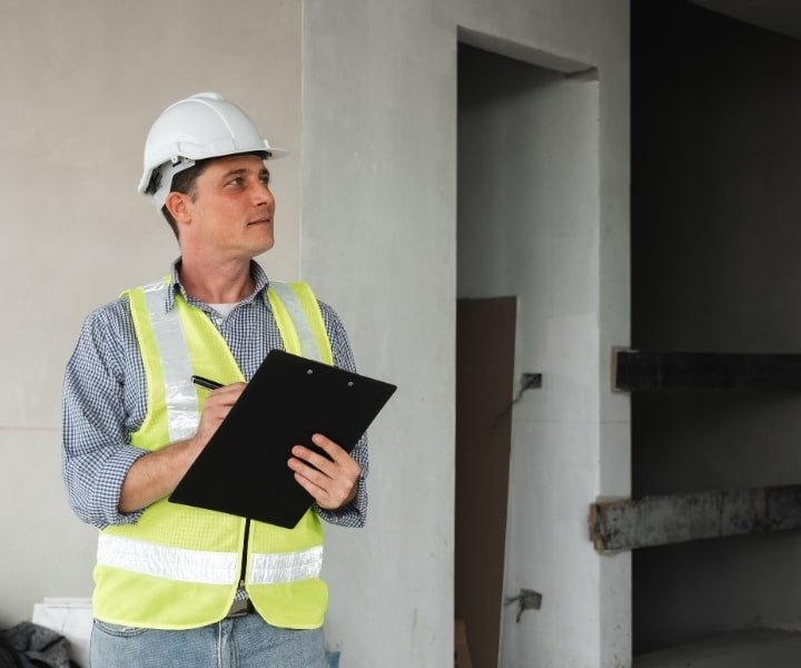 Male engineer in safety gear taking notes on construction site.