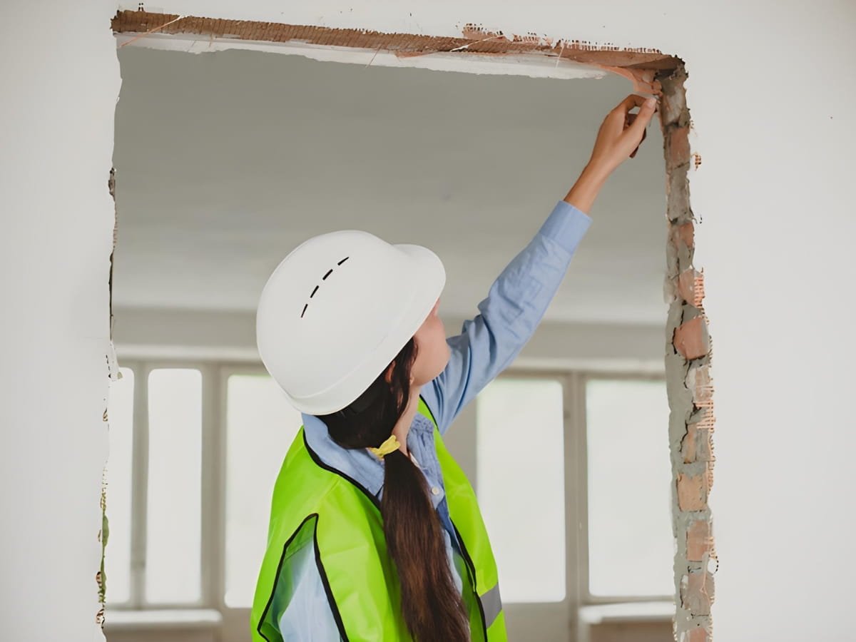 A construction worker in a white hard hat and neon vest inspects a rough doorway. The setting is indoors, with natural light from large windows.
