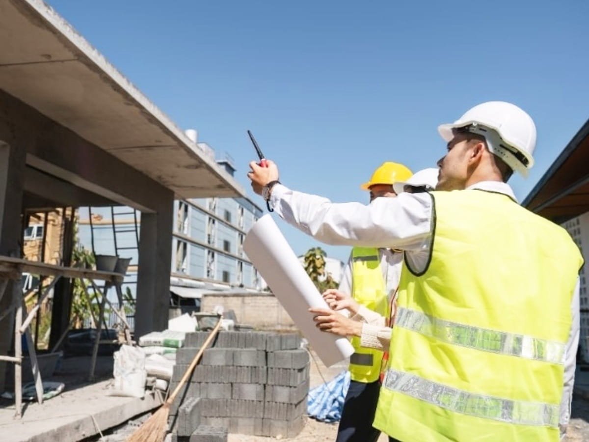Two construction workers in safety vests and helmets examine unfinished structures with blueprints at a building site, under a clear blue sky.